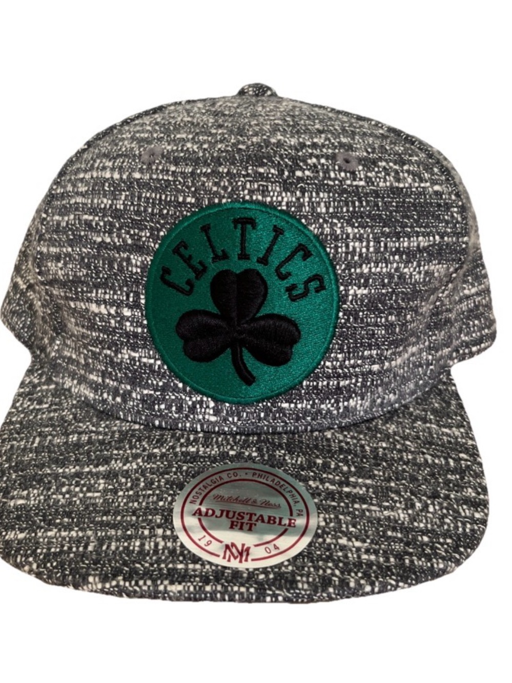Mitchell & Ness Boston Celtics Black Gray Melange Textured Snap Back Hat Clover